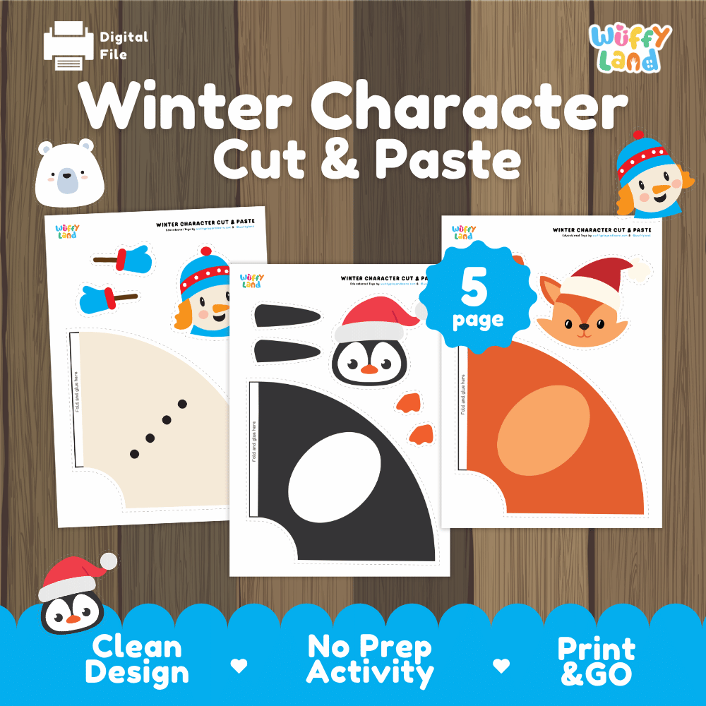 Winter Character Cut and Paste Craft Worksheets