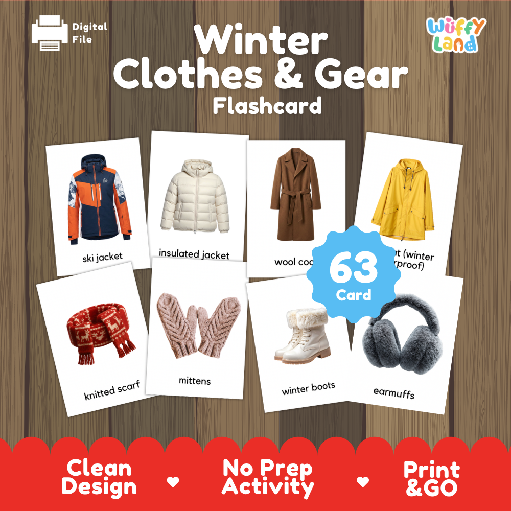 Winter Clothes & Gear Flashcards Printable Vocabulary Cards for Early Elementary