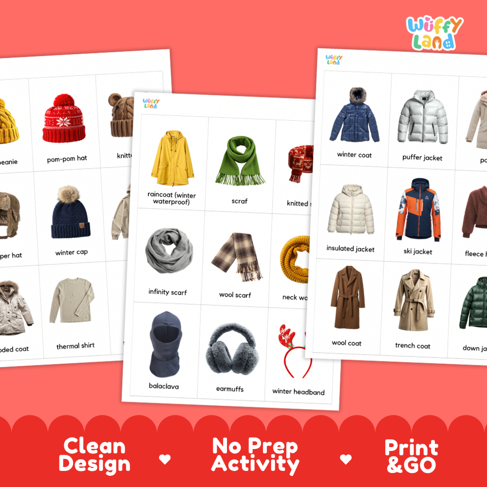 Winter Clothes & Gear Flashcards Printable Vocabulary Cards for Early Elementary