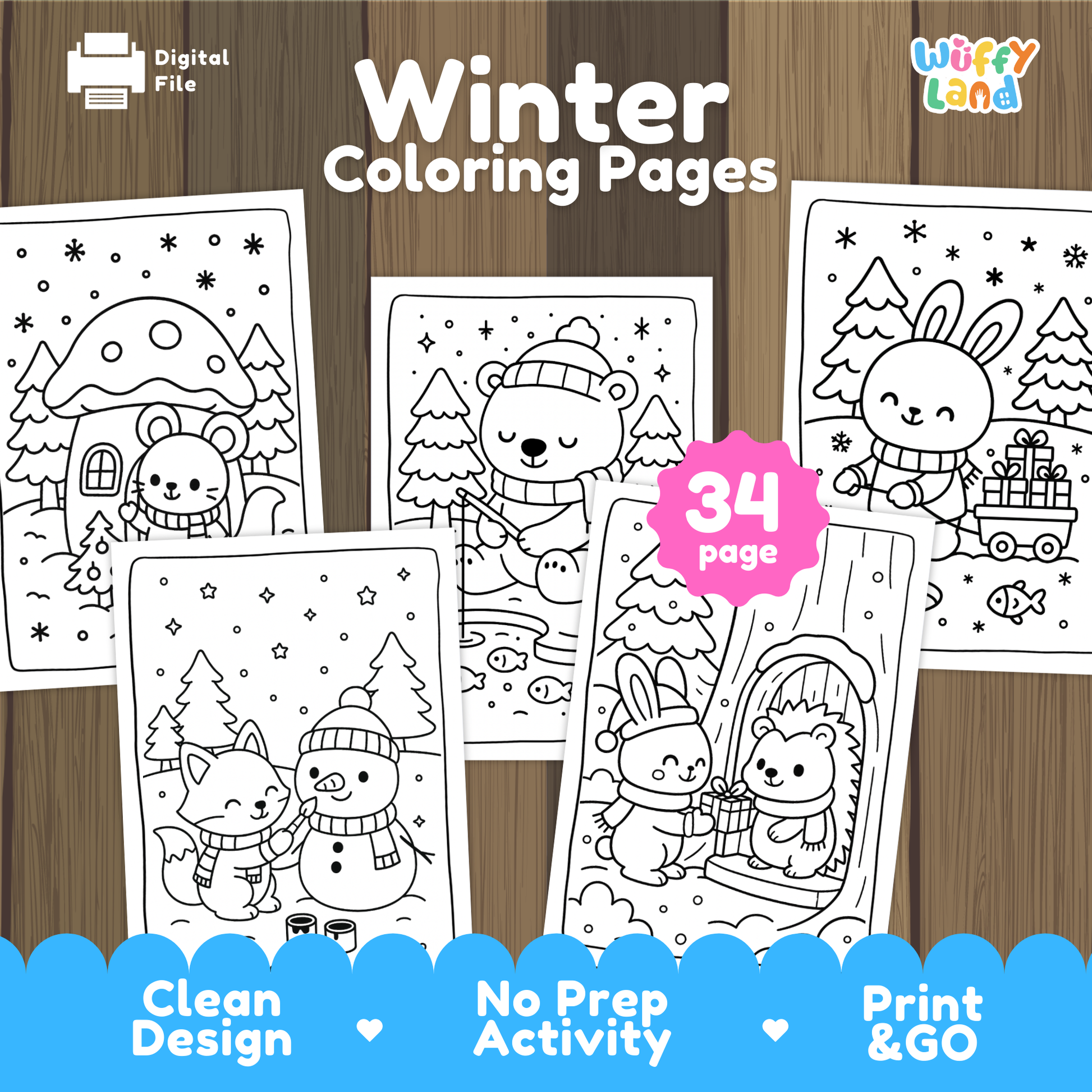 A collection of winter-themed coloring pages featuring cute animals like bears, rabbits, foxes, and snowmen enjoying snowy scenes, winter clothing, trees, and festive moments designed for kids.