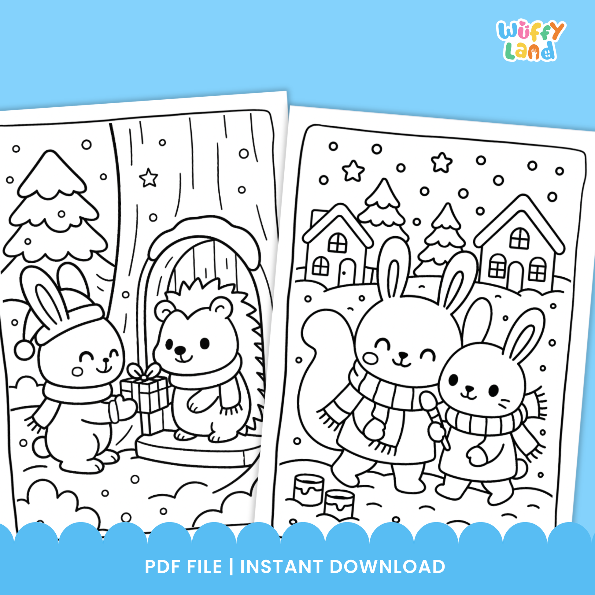 A collection of winter-themed coloring pages featuring cute animals like bears, rabbits, foxes, and snowmen enjoying snowy scenes, winter clothing, trees, and festive moments designed for kids