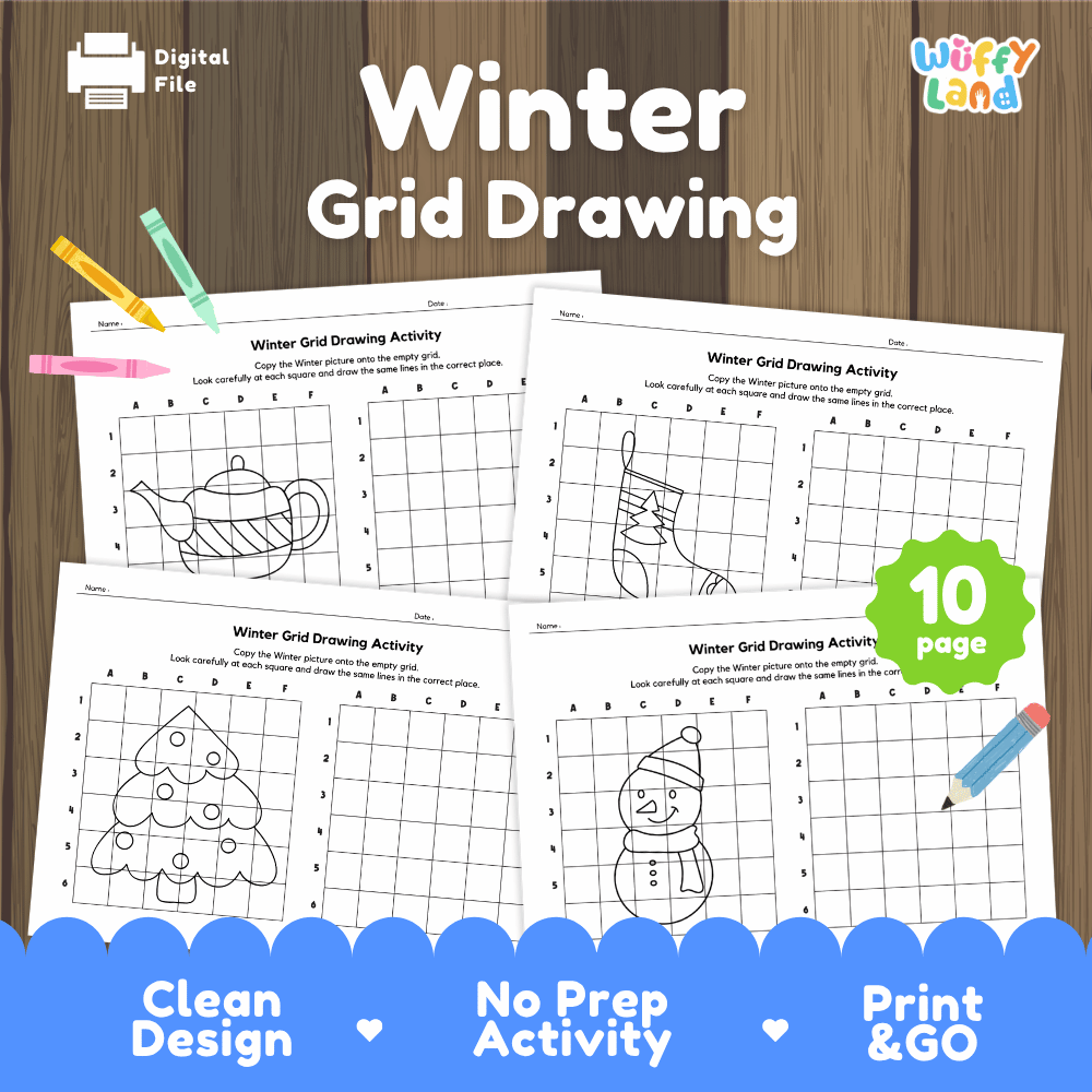 Winter Grid Drawing Activity Worksheets