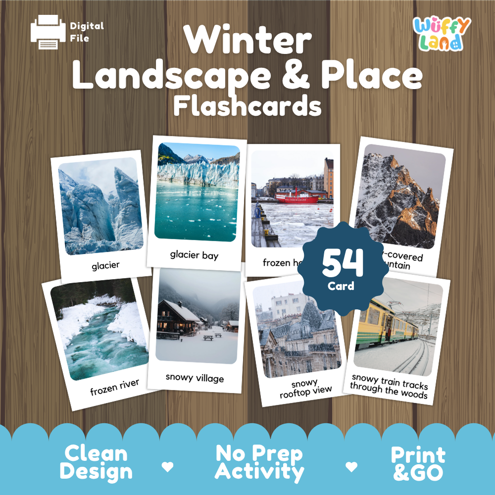 Promotional graphic for a digital winter landscape and place flashcard set by Wiffy Land, showing sample flashcards with snowy mountain, glacier bay, frozen harbor, snowy village, snowy train tracks, and glacier images on a wood-textured background.