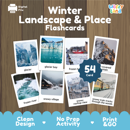 Promotional graphic for a digital winter landscape and place flashcard set by Wiffy Land, showing sample flashcards with snowy mountain, glacier bay, frozen harbor, snowy village, snowy train tracks, and glacier images on a wood-textured background.