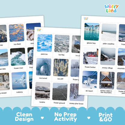 Three printed activity sheets from Wiffle Land showing outdoor winter landscape photos with labeled clues such as glacier bay, polar coastline, ice tunnel, and snowy cabin in the mountains. The sheets are arranged on a light blue background with decorative scalloped accents and text reading Clean Design, No Prep Activity, and Print & GO.