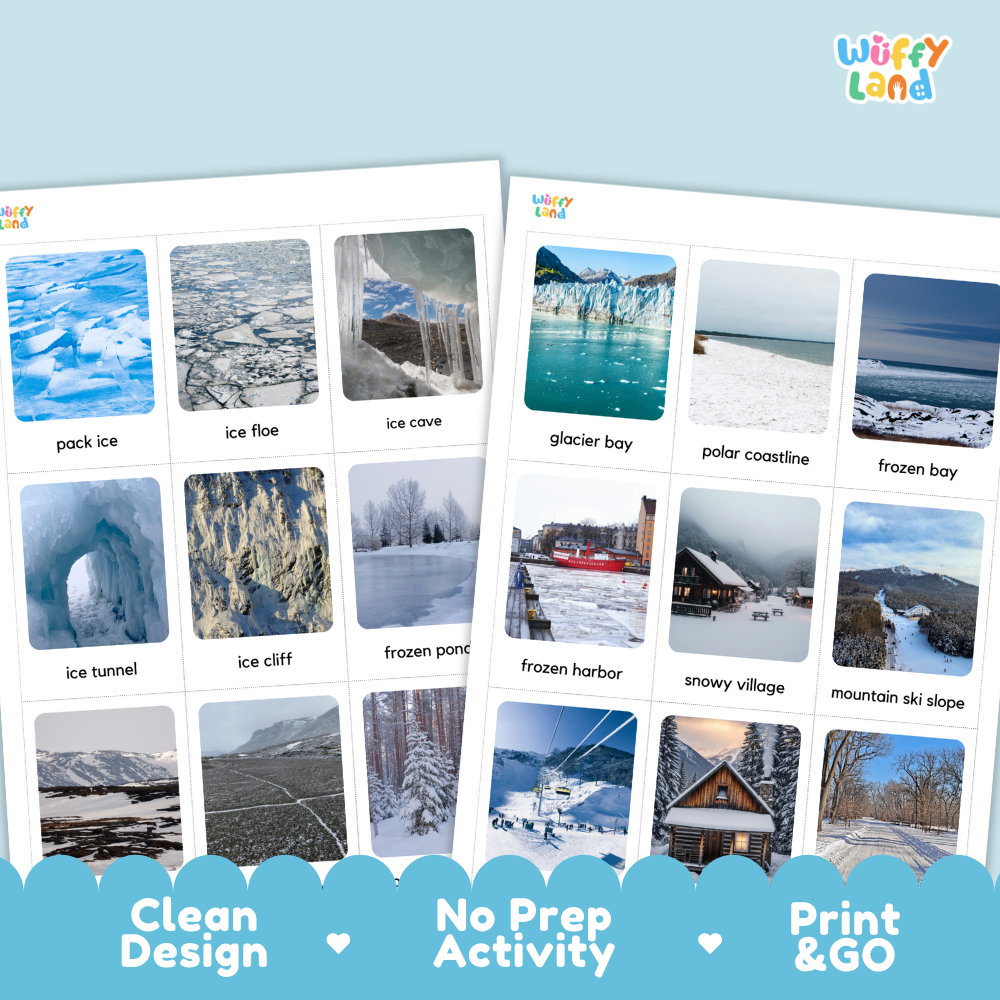 Two printed activity sheets from Wuffly Land featuring winter landscape photos with labeled options such as pack ice, glacier bay, snowy village, and mountain ski slope, shown on a light blue background with promotional text along the bottom.