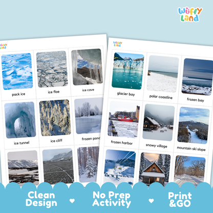Two printed activity sheets from Wuffly Land featuring winter landscape photos with labeled options such as pack ice, glacier bay, snowy village, and mountain ski slope, shown on a light blue background with promotional text along the bottom.