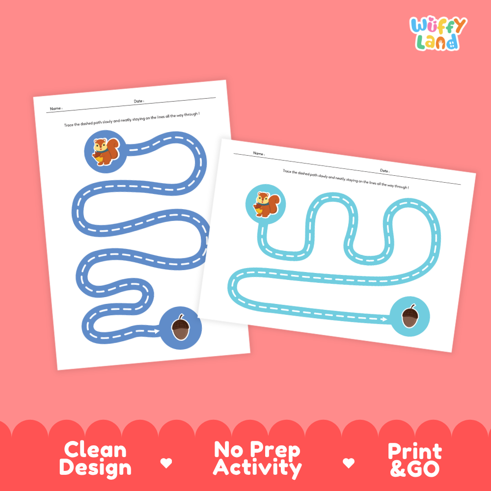 Two printable activity sheets from Wiffy Land displayed on a coral pink background. The sheets show winding blue and light blue paths with cartoon squirrel and acorn illustrations, plus text at the bottom reading 'Clean Design', 'No Prep Activity', and 'Print & GO'.