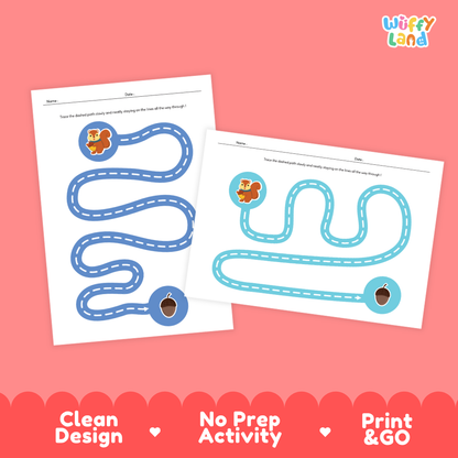 Two printable activity sheets from Wiffy Land displayed on a coral pink background. The sheets show winding blue and light blue paths with cartoon squirrel and acorn illustrations, plus text at the bottom reading 'Clean Design', 'No Prep Activity', and 'Print & GO'.
