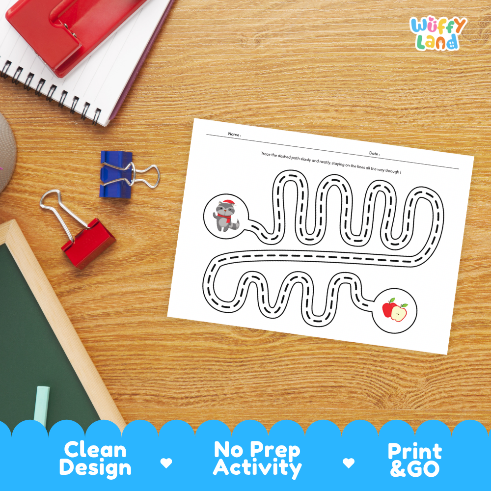 A children's print-and-go activity sheet on a wooden desk, featuring a dashed winding path with cartoon and fruit icons. Surrounding props include a spiral notebook, binder clips, a chalkboard, and a blue promotional banner at the bottom with the text 'Clean Design', 'No Prep Activity', and 'Print & GO'.