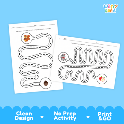 Two printable activity sheets for children on a bright blue background, with the Wiffy Land logo in the top right and marketing text along the bottom: 'Clean Design', 'No Prep Activity', and 'Print & GO'. The sheets show winding dotted paths with small illustrated icons and text at the top, suggesting a printable educational activity product.
