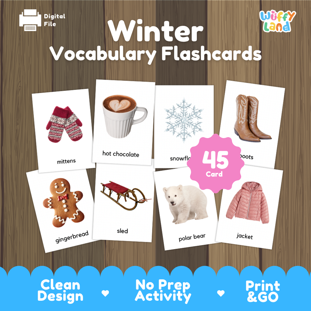 Winter Vocabulary Flashcards digital download set by Wiffy Land, featuring eight sample flashcards with winter-themed images (mittens, hot chocolate, snowflake, boots, gingerbread, sled, polar bear, jacket) on a wood-textured background with promotional text and a pink '45 Card' badge.