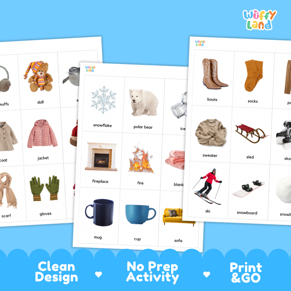 Three educational activity cards from Wiffy Land showing various picture-based words and phrases, displayed on a bright blue background with promotional text at the bottom.