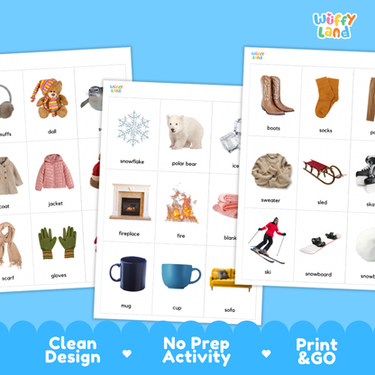 Three educational activity cards from Wiffy Land showing various picture-based words and phrases, displayed on a bright blue background with promotional text at the bottom.