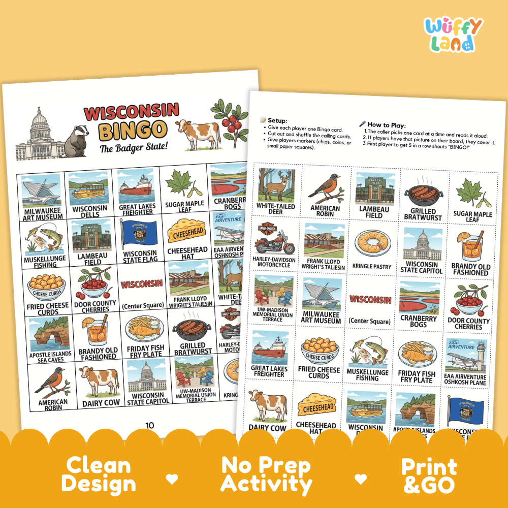 Wisconsin Geography BINGO Game Badger State Activity Printable Boards