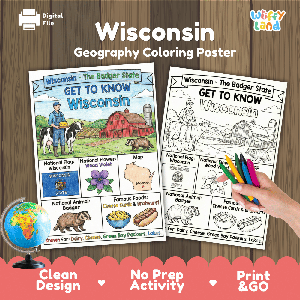 Wisconsin Geography Coloring Poster Worksheets