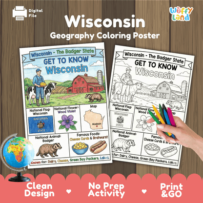Wisconsin Geography Coloring Poster Worksheets