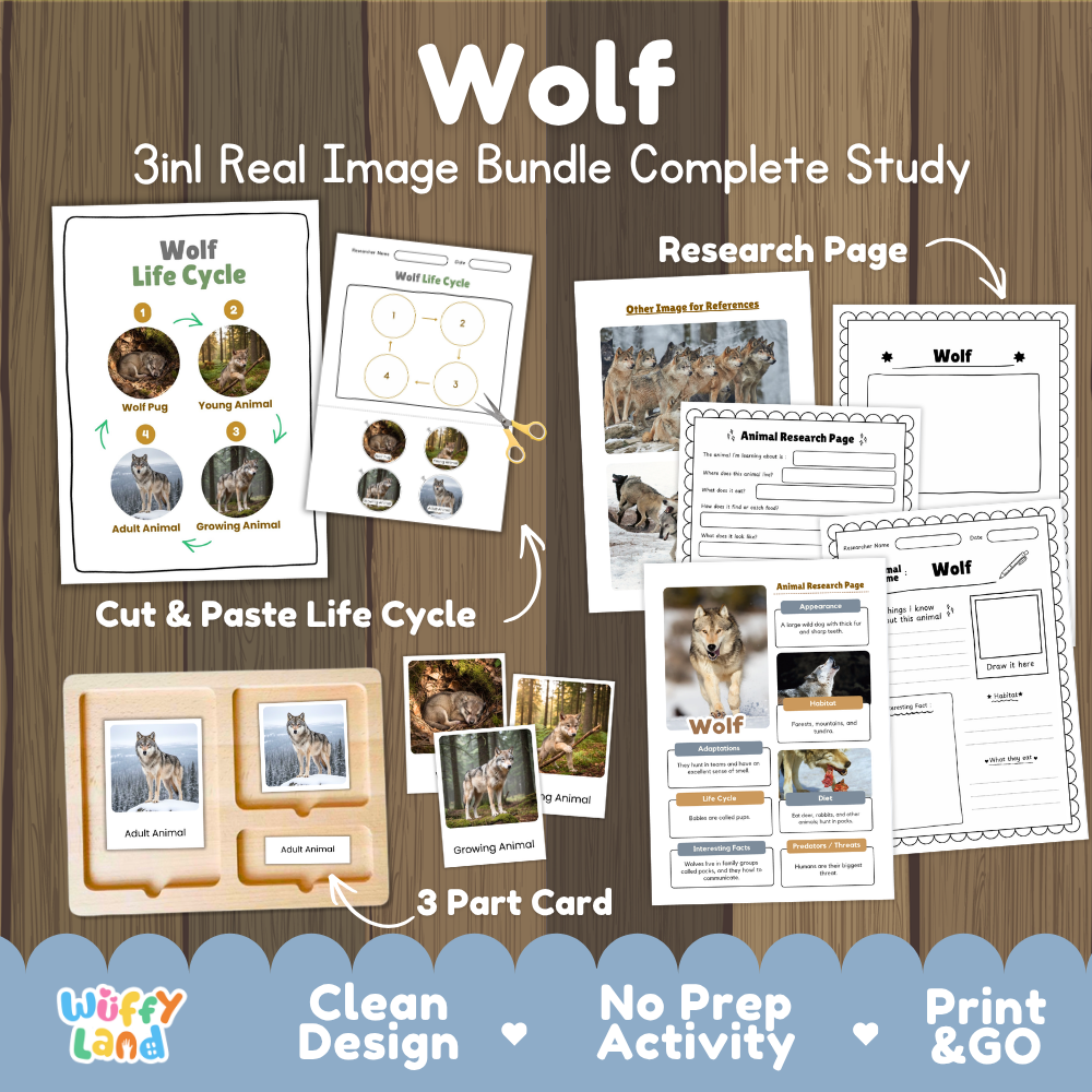 Wolf 3-in-1 real image bundle complete study cover showing cut and paste life cycle, 3 part cards, and research pages