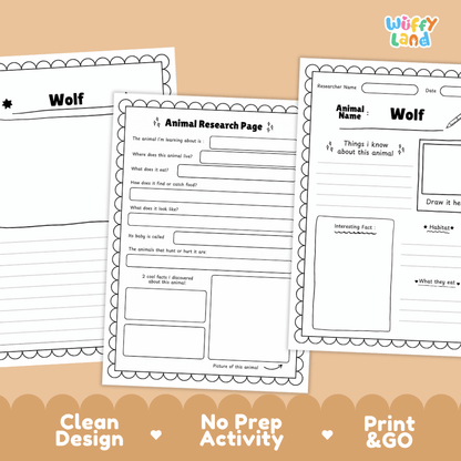 Wolf Animal Research Page Worksheets and Fact Sheet Activity