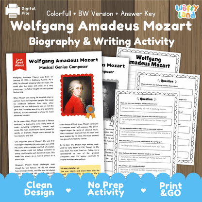 Wolfgang Amadeus Mozart Biography Reading Passage and Writing Activity Worksheets