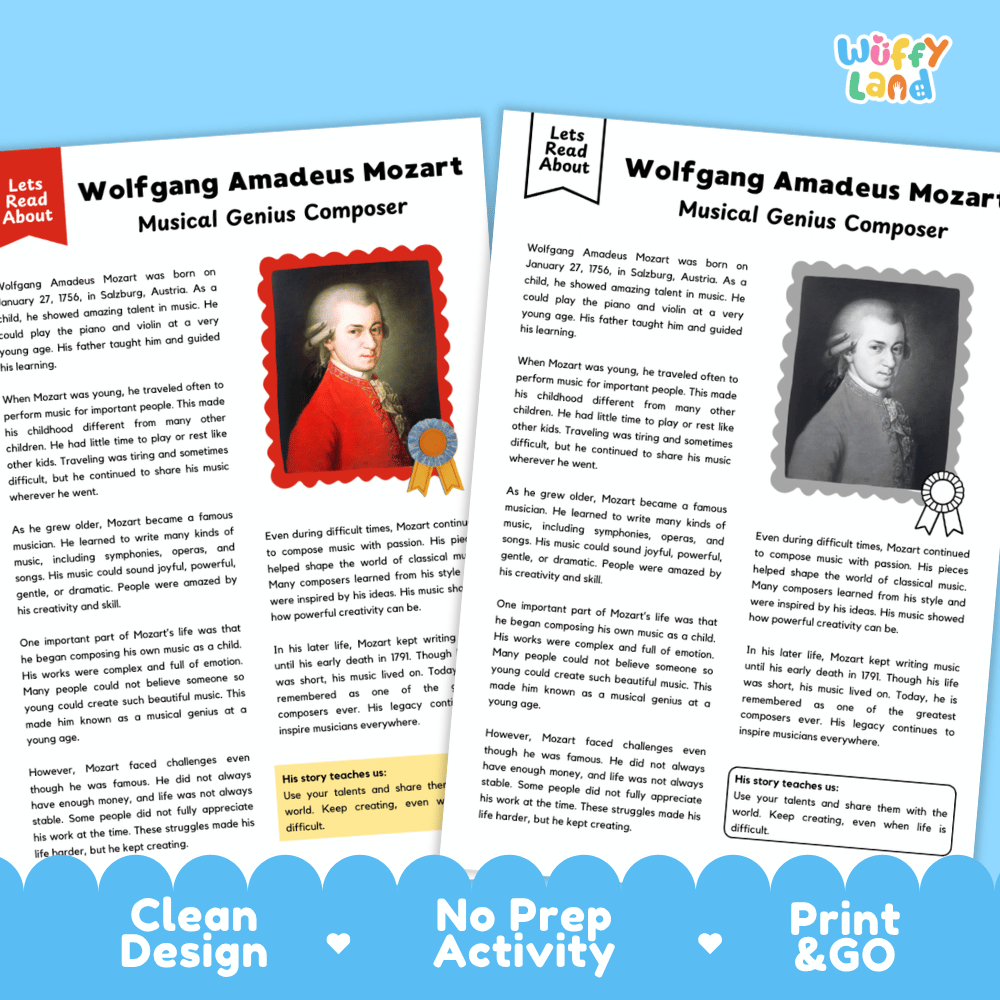Two educational activity sheets about Wolfgang Amadeus Mozart from the brand Wuffly Land, displayed on a blue background with 'Clean Design', 'No Prep Activity', and 'Print & GO' text.