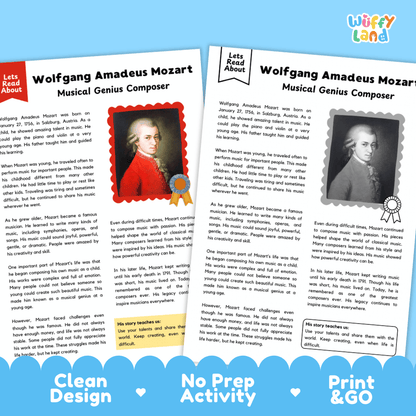 Two educational activity sheets about Wolfgang Amadeus Mozart from the brand Wuffly Land, displayed on a blue background with 'Clean Design', 'No Prep Activity', and 'Print & GO' text.