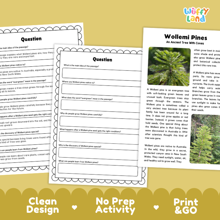 Wollemi Pine Plant Reading Passages and Comprehension Questions Worksheets