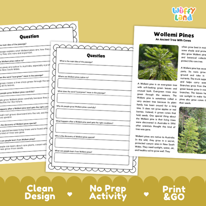 Wollemi Pine Plant Reading Passages and Comprehension Questions Worksheets