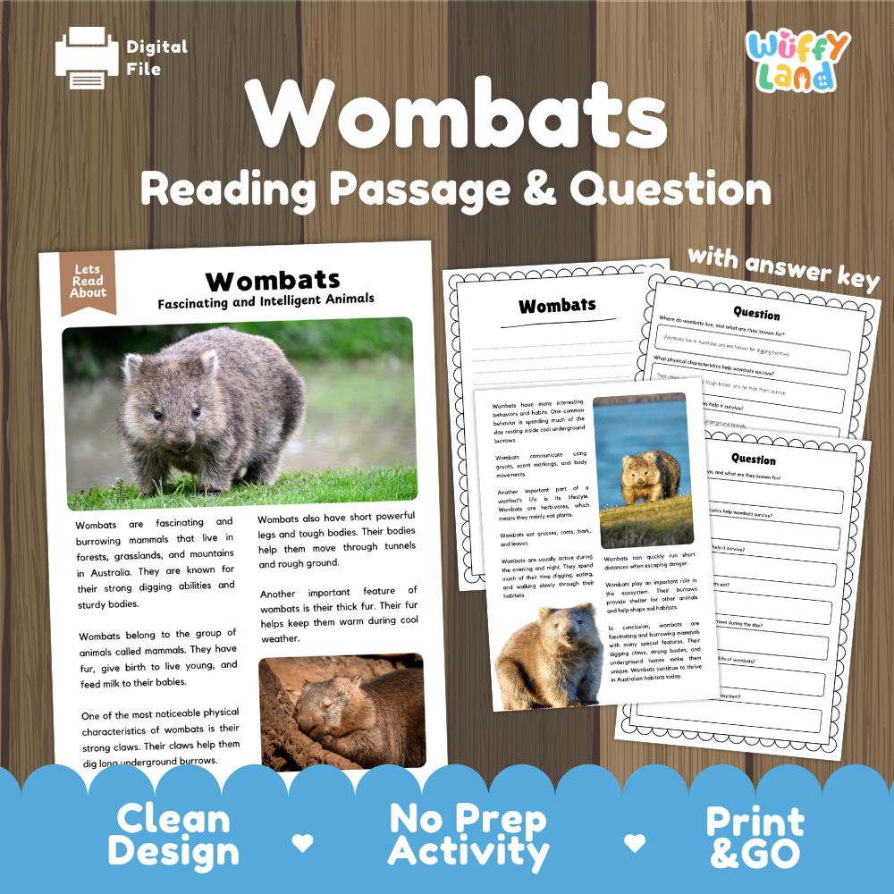 Digital reading activity product cover for 'Wombats Reading Passage & Question' by Wiffly Land, featuring a wood-grain background, sample worksheet pages, and text highlighting clean design, no prep activity, and print & go format.