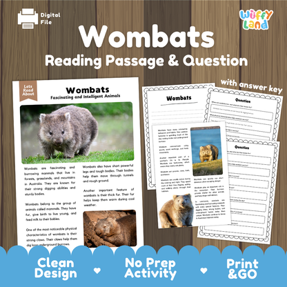 Digital reading activity product cover for 'Wombats Reading Passage & Question' by Wiffly Land, featuring a wood-grain background, sample worksheet pages, and text highlighting clean design, no prep activity, and print & go format.