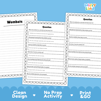 Three printable worksheet pages about wombats are shown on a light blue background with the text 'Clean Design', 'No Prep Activity', and 'Print & GO'. The worksheets have black headings, white paper backgrounds, and printed activity questions.