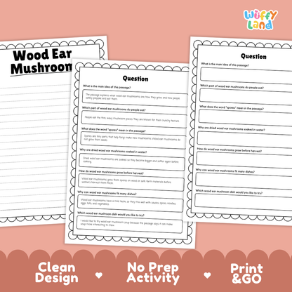 Informational reading passage page detailing wood ear mushroom fungi anatomy wavy shape wood growing spore reproduction and cooking uses with photos