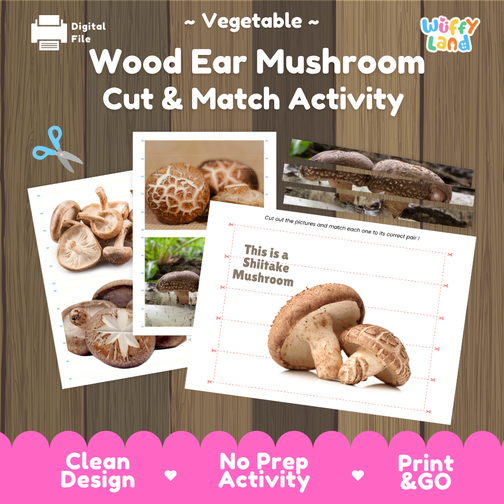 Wood ear mushroom cut and match activity cover showing printable fine motor puzzle sheets and mushroom photographs