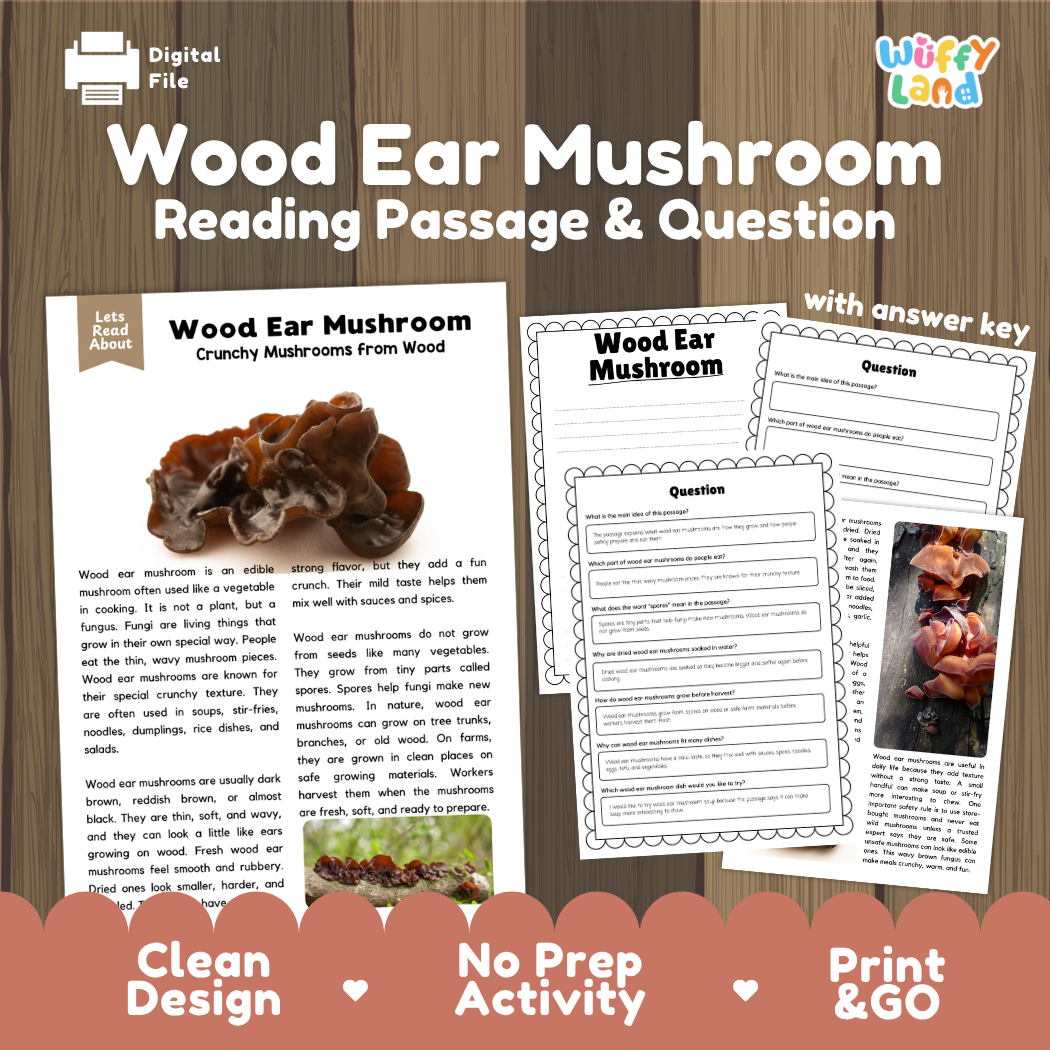 Wood ear mushroom reading comprehension passage and questions printable activity pack with answer key for elementary students