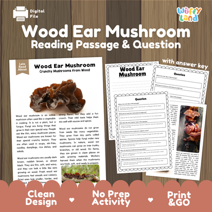 Wood ear mushroom reading comprehension passage and questions printable activity pack with answer key for elementary students