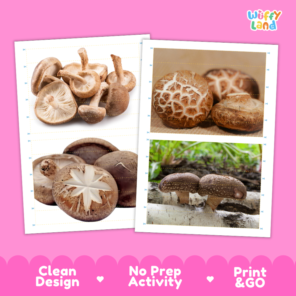 Printable activity sheets featuring photographic wood ear mushroom puzzle boards and cutting guides