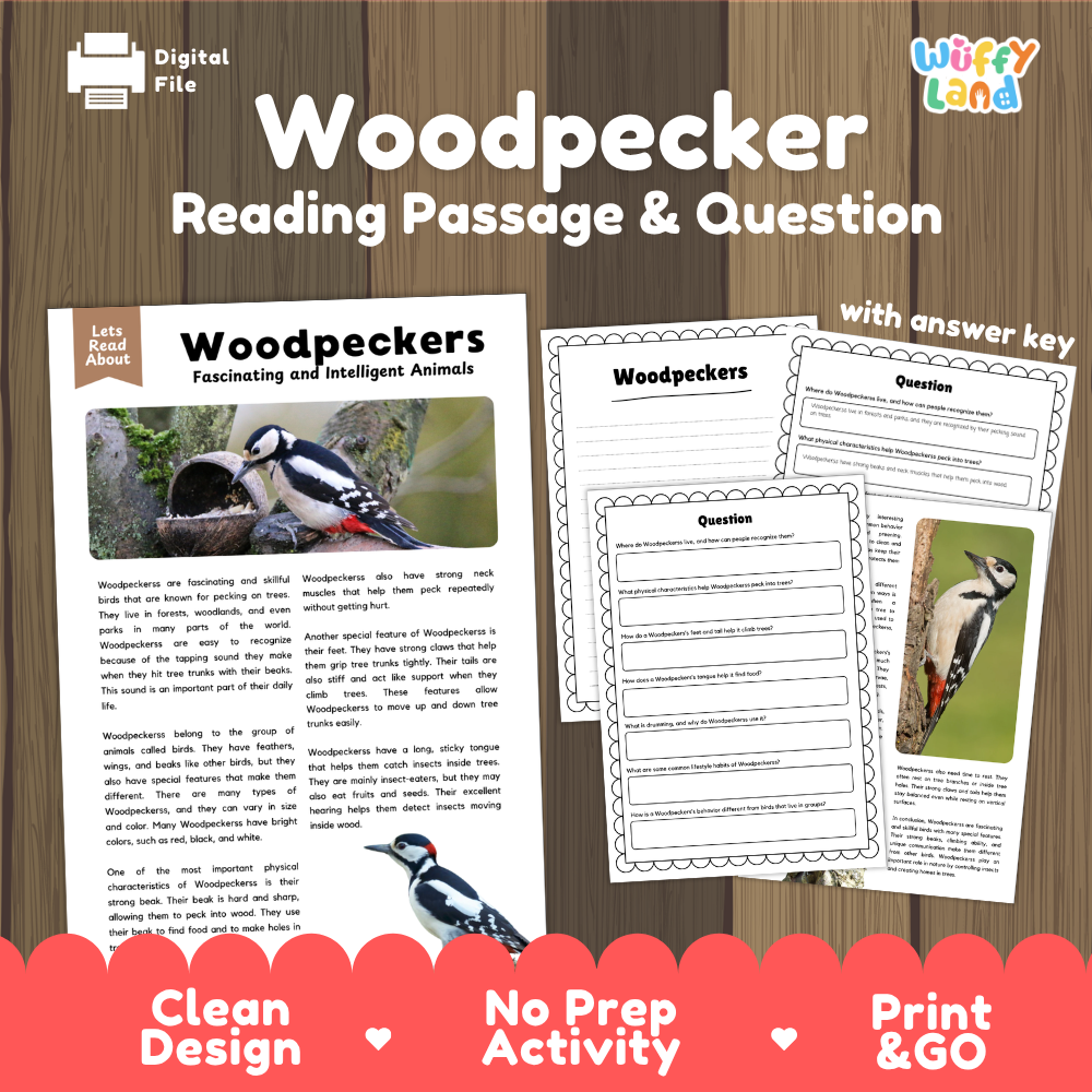 Woodpeckers Reading Passage and Comprehension Questions Worksheets with Answer Key