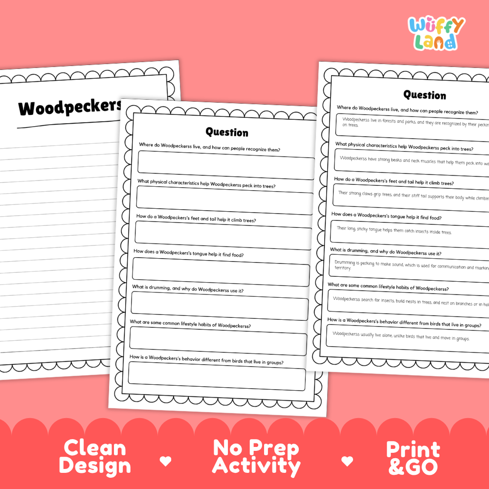 Woodpeckers Reading Passage and Comprehension Questions Worksheets with Answer Key