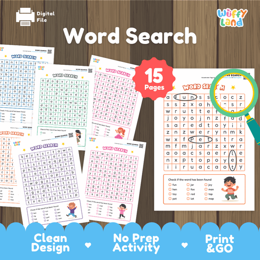 Word Search printable early literacy and CVC vocabulary puzzle activity pack overview from Wuffy Land featuring 15 pages 🔍🔤