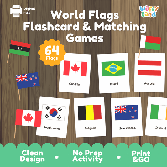World flags flashcard and matching games printable country flags geography activity pack overview from Wuffy Land featuring 64 flags 🌍🚩