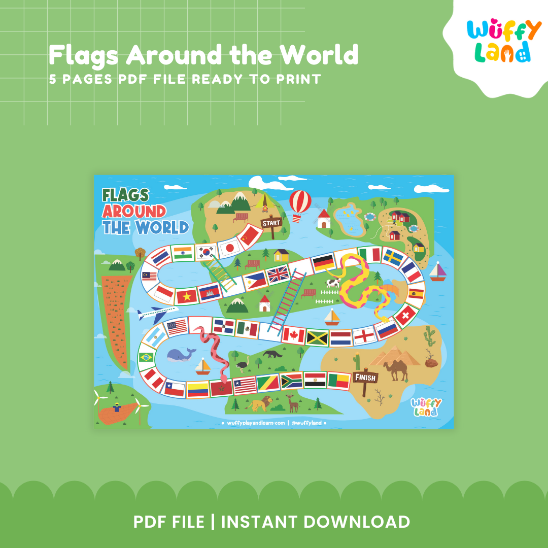World flags geography game for kids with colorful board game and country flag cards for learning countries around the world