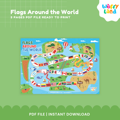 World flags geography game for kids with colorful board game and country flag cards for learning countries around the world