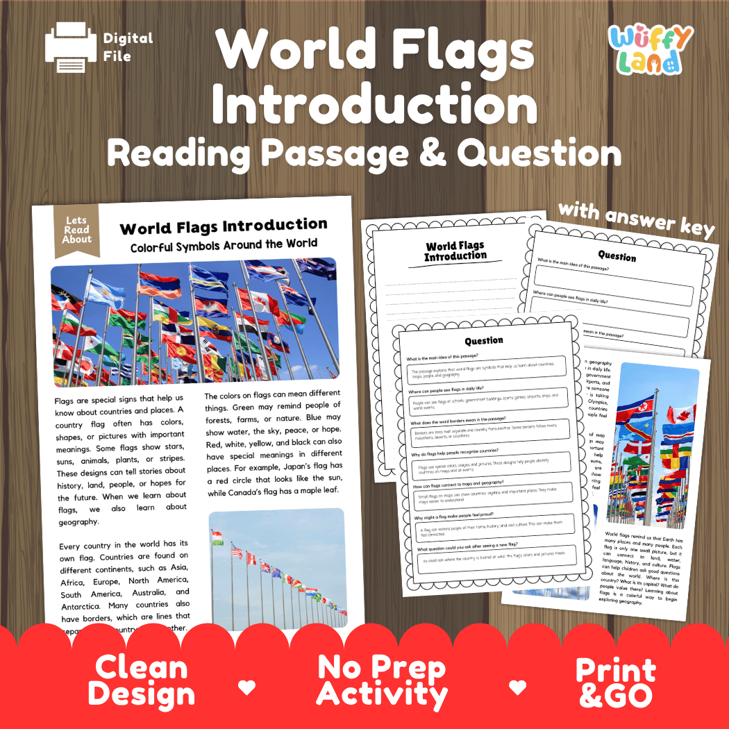 World flags introduction reading comprehension passage and questions printable activity pack with answer key for elementary students