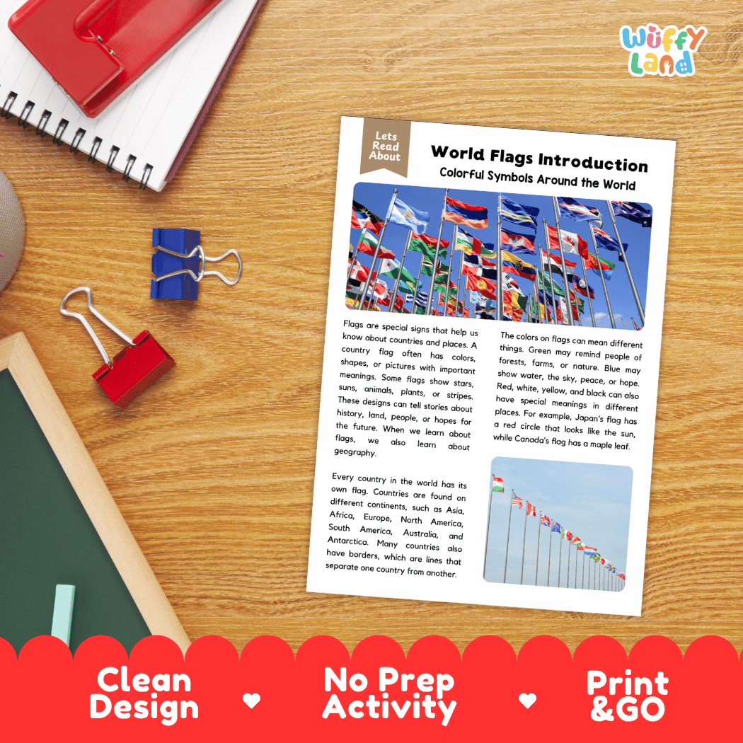 Student reading comprehension worksheet with short-answer questions and lined sections about world flags