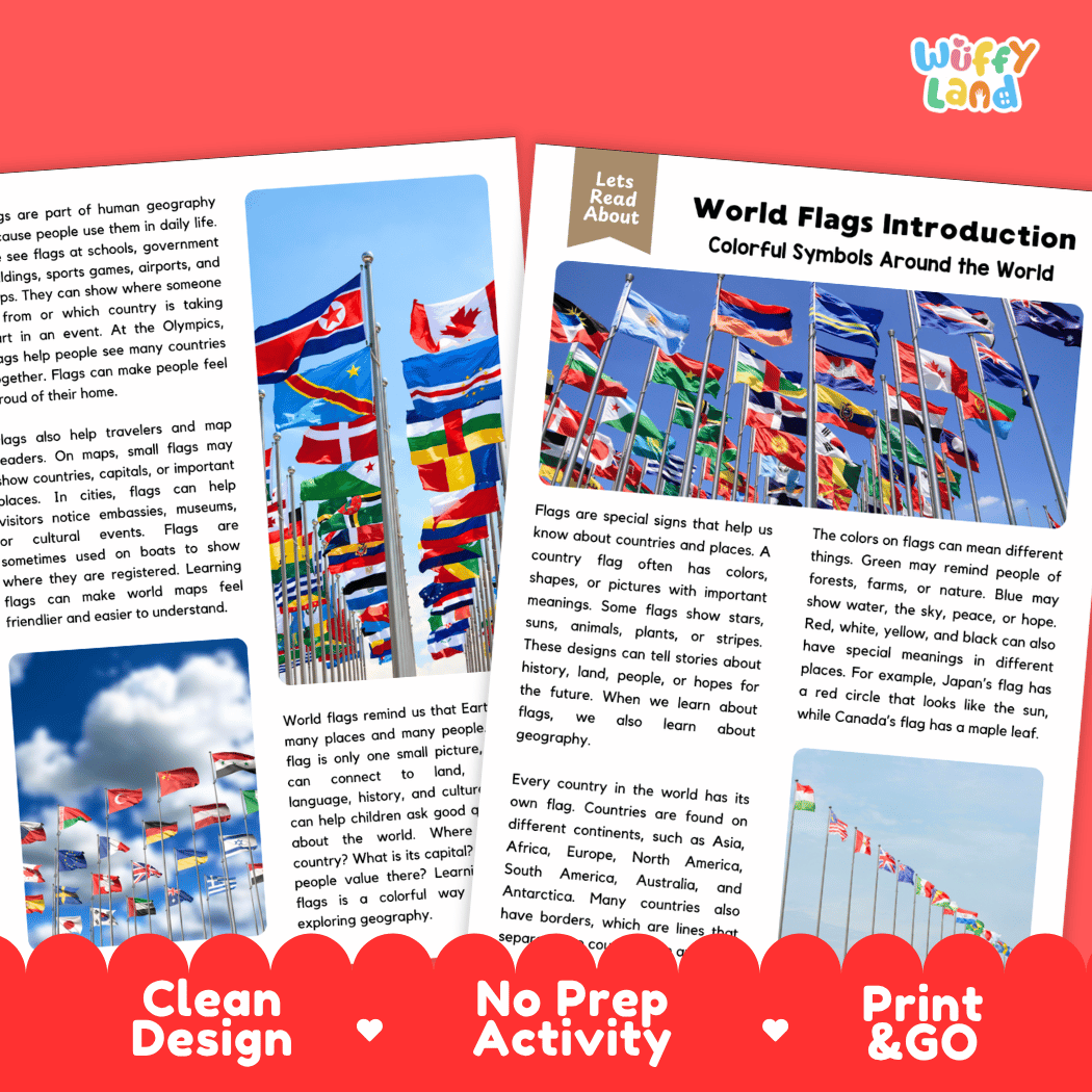 Teacher answer key page showing complete question solutions for world flags introduction reading comprehension practice