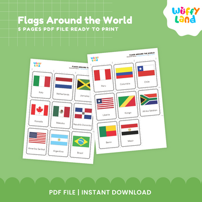 World geography board game printable for homeschool and classroom learning with 35 international flags and country identification activities