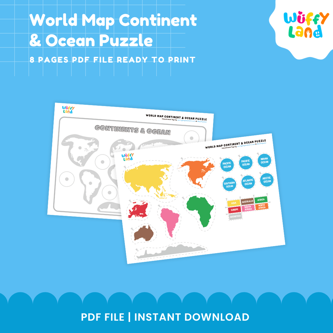 Printable world geography map puzzle for learning continents and oceans through cut and paste matching activities