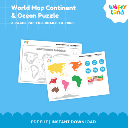 Printable world geography map puzzle for learning continents and oceans through cut and paste matching activities