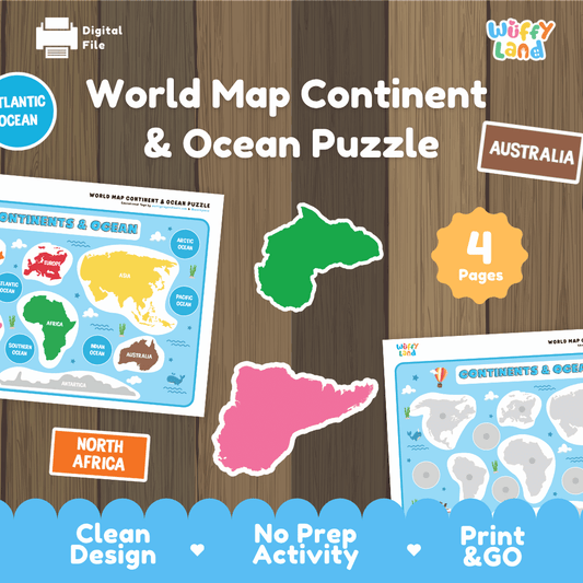 World map continent and ocean puzzle printable geography activity pack from Wuffy Land featuring 4 pages of maps, cutouts, and labels