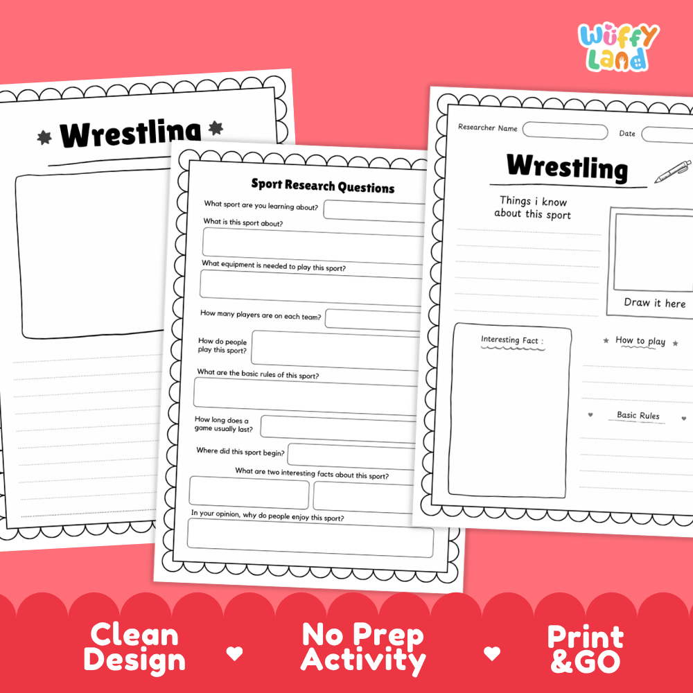 Three printable worksheet pages about wrestling are shown on a pink background with a red scalloped footer. The pages have black outlines and text, and the top right shows the brand name 'Wiffly Land'.